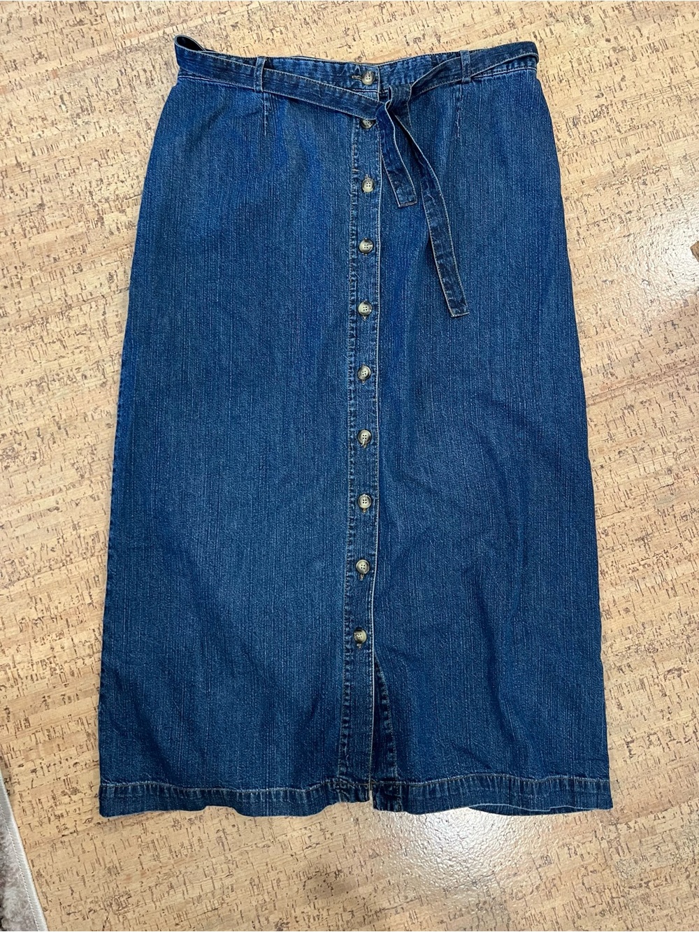 Vintage Christopher & Banks Denim Maxi Skirt Button Front Tie Belt Size 14 Y2K